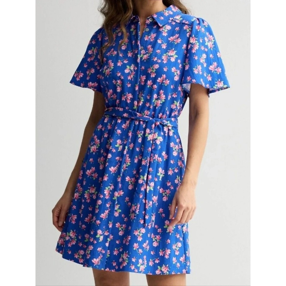 Draper James Women's Large Short Sleeve Shirt Dress Azul Floral Tea Dress Preppy